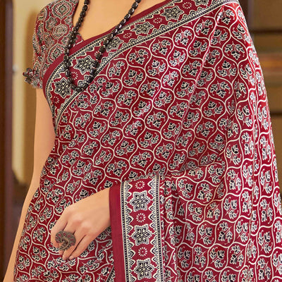 Maroon Floral Ajrakh Printed Satin Saree With Tassels