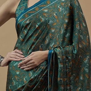 Morpich Green Ajrakh Printed Satin Saree With Tassels