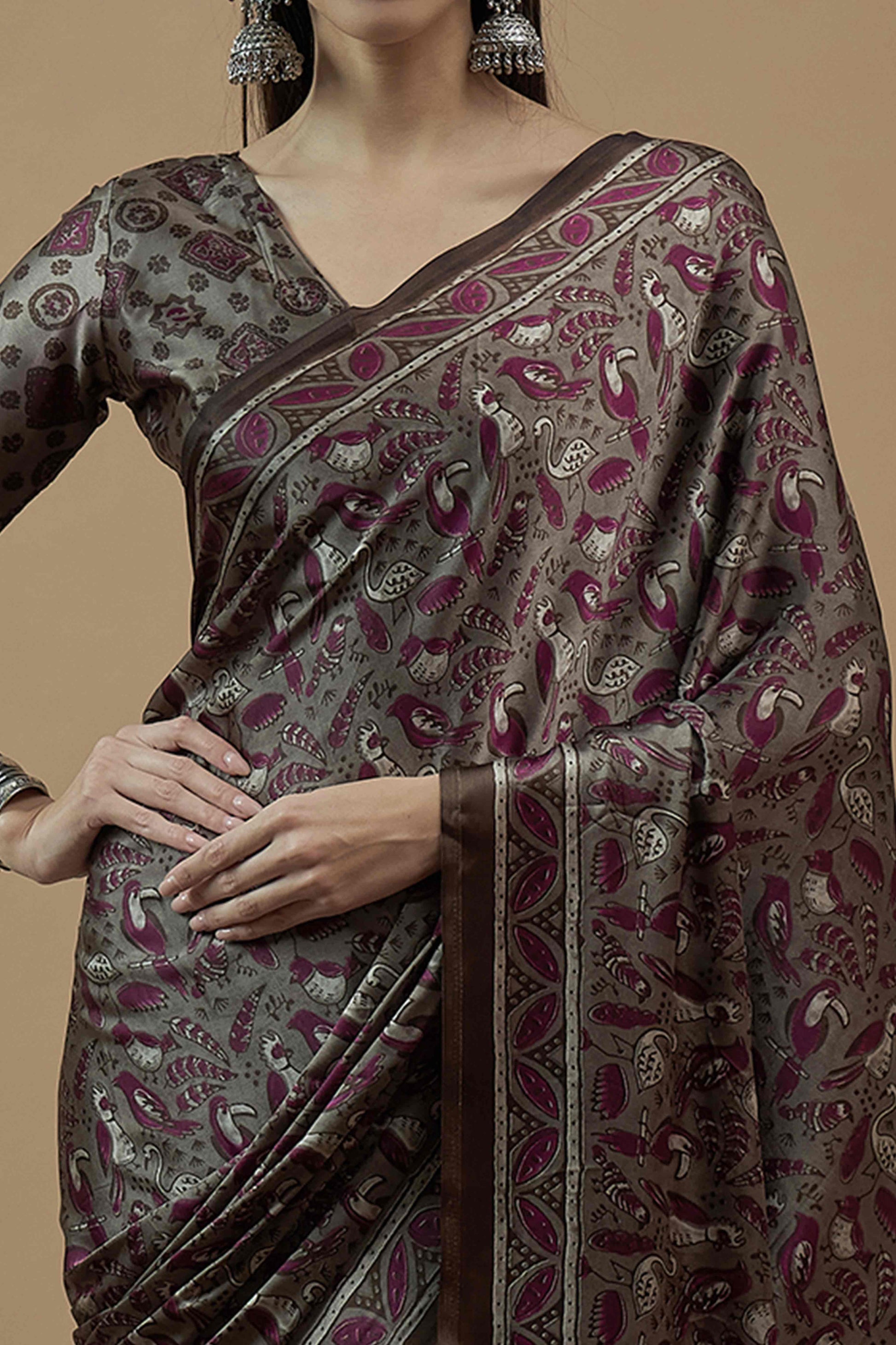 grey-magenta-ajrakh-printed-satin-saree-with-tassels