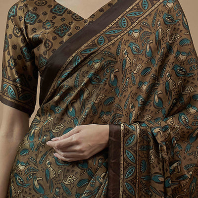 Brown Ajrakh Printed Satin Saree With Tassels
