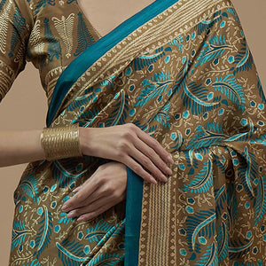 Brown & Morpich Ajrakh Printed Satin Saree With Tassels