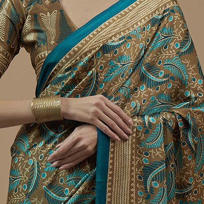 Brown & Morpich Ajrakh Printed Satin Saree With Tassels