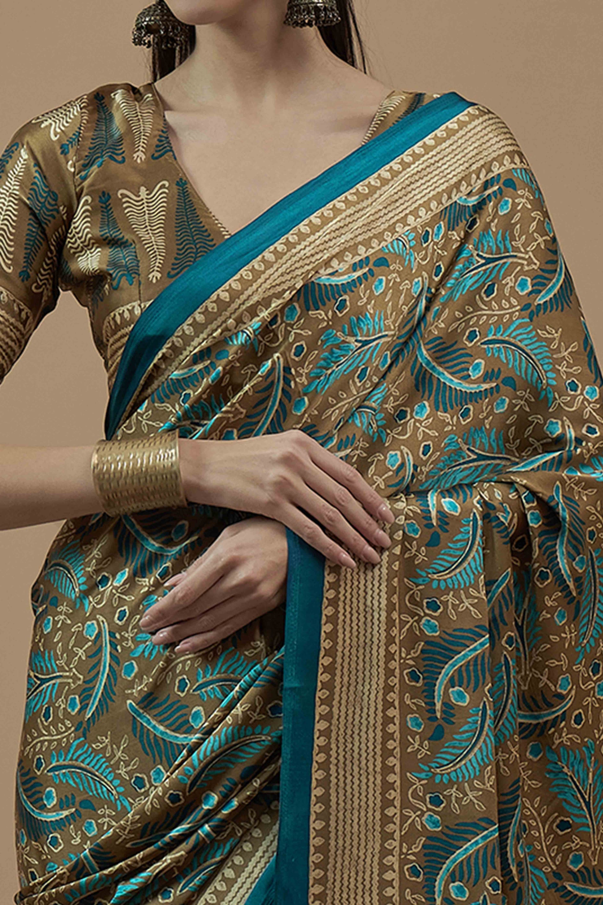 Brown & Morpich Ajrakh Printed Satin Saree With Tassels