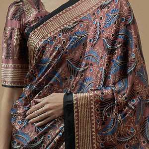 Mauve Ajrakh Printed Satin Saree With Tassels