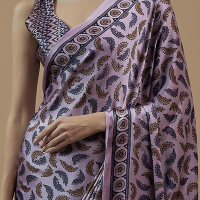 Lavender Ajrakh Printed Satin Saree With Tassels
