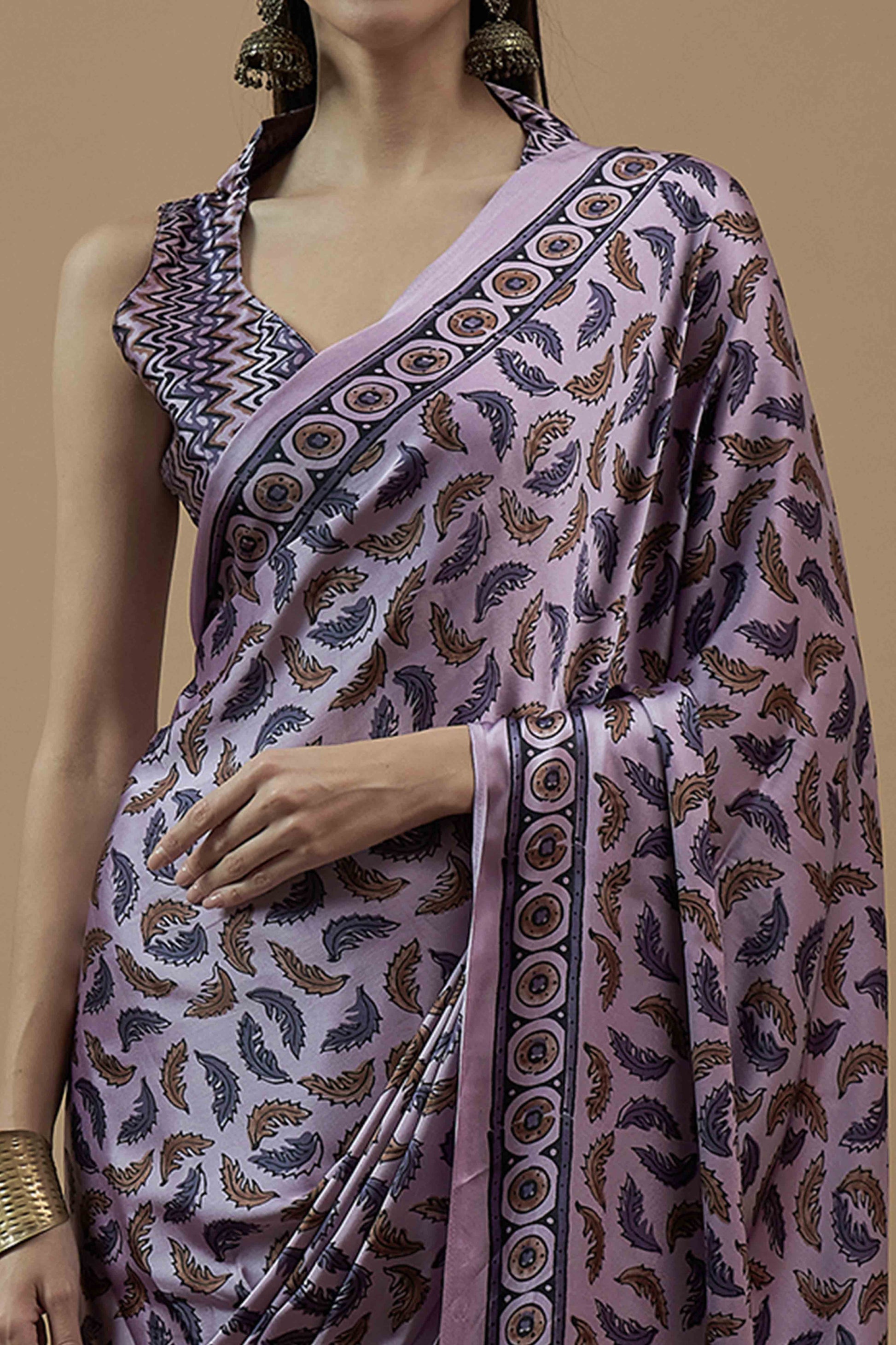 Lavender Ajrakh Printed Satin Saree With Tassels