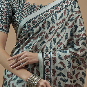 Light Seafoam Blue Ajrakh Printed Satin Saree With Tassels