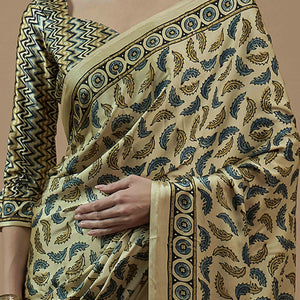 Light Yellow Ajrakh Printed Satin Saree With Tassels
