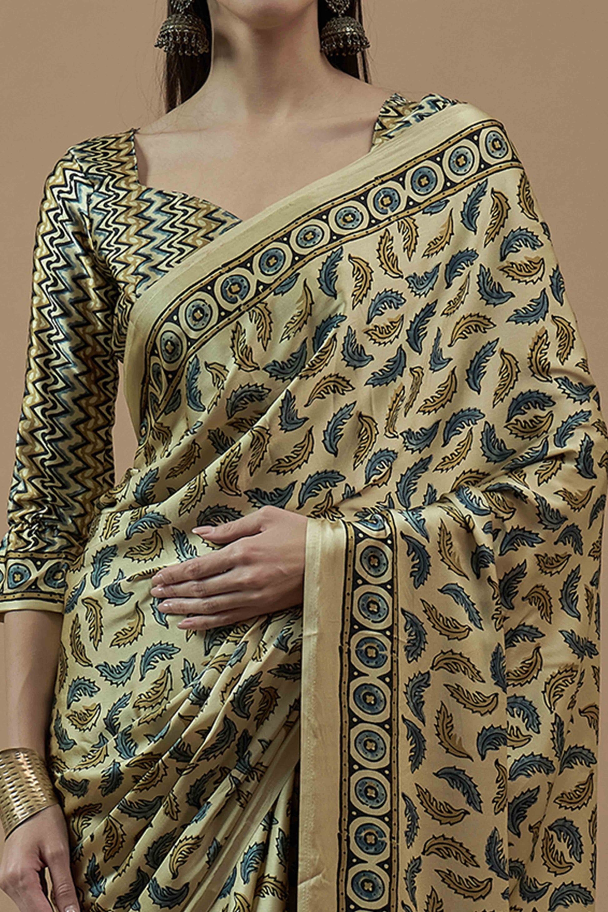 Light Yellow Ajrakh Printed Satin Saree With Tassels