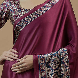 Dark Magenta Floral Ajrakh Printed Satin Saree With Tassels