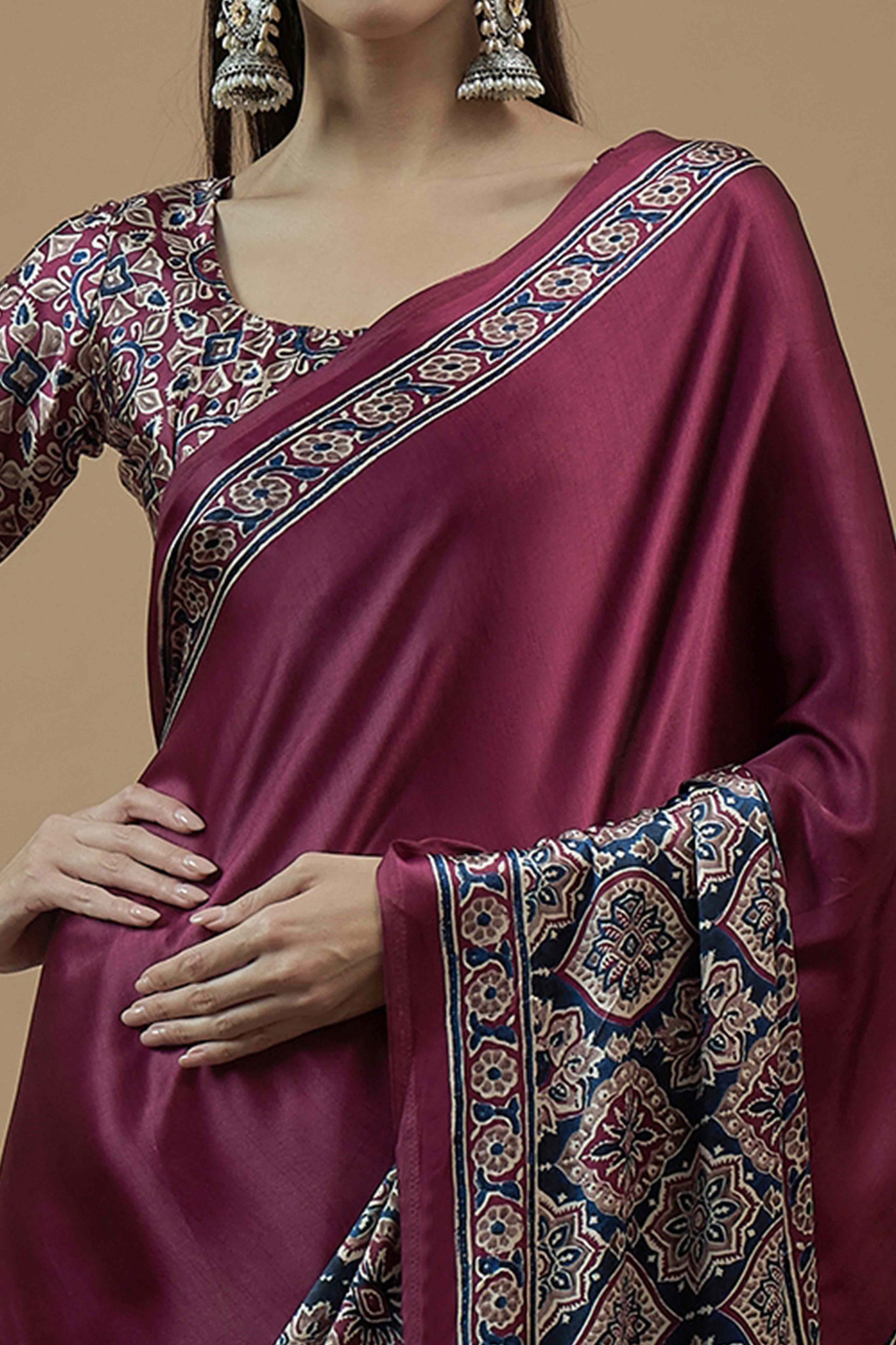 Dark Magenta Floral Ajrakh Printed Satin Saree With Tassels