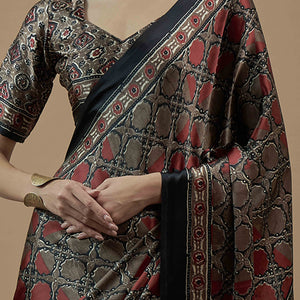 Brown Ajrakh Printed Satin Saree With Tassels