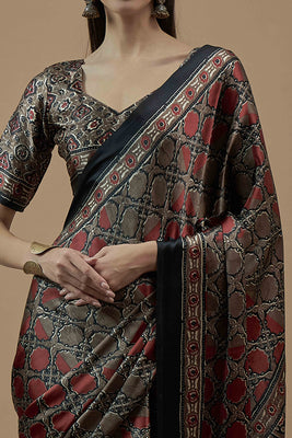 Brown Ajrakh Printed Satin Saree With Tassels