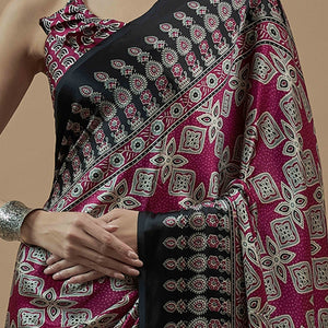 Magenta Floral Ajrakh Printed Satin Saree With Tassels