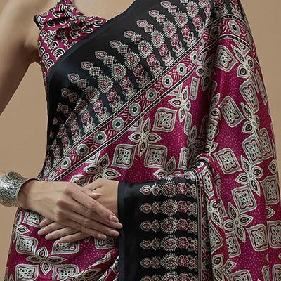 Magenta Floral Ajrakh Printed Satin Saree With Tassels