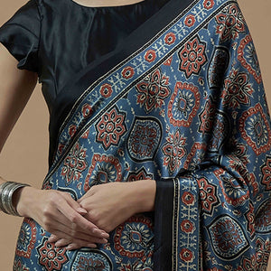 Bluyish Grey Floral Ajrakh Printed Satin Saree With Tassels