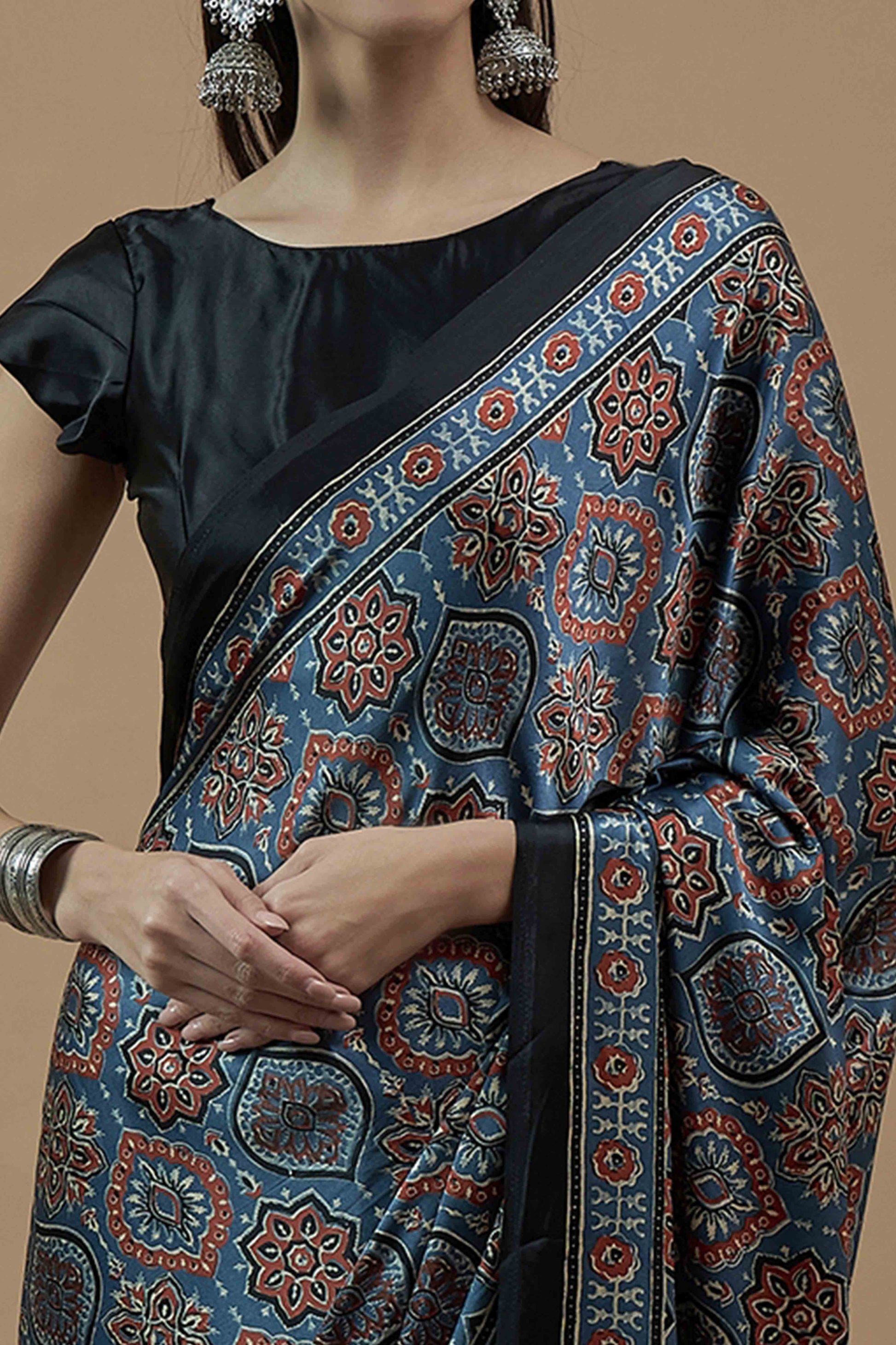 Bluyish Grey Floral Ajrakh Printed Satin Saree With Tassels