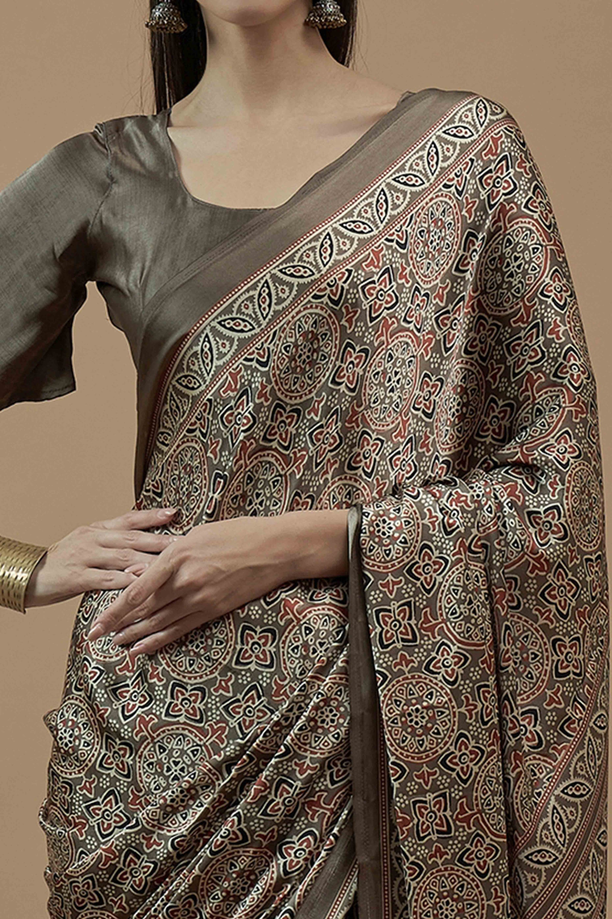 Brown Floral Ajrakh Printed Satin Saree With Tassels