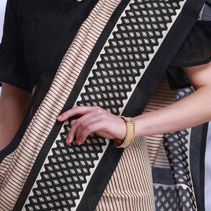 Cream & Black Printed Bhagalpuri Silk Saree