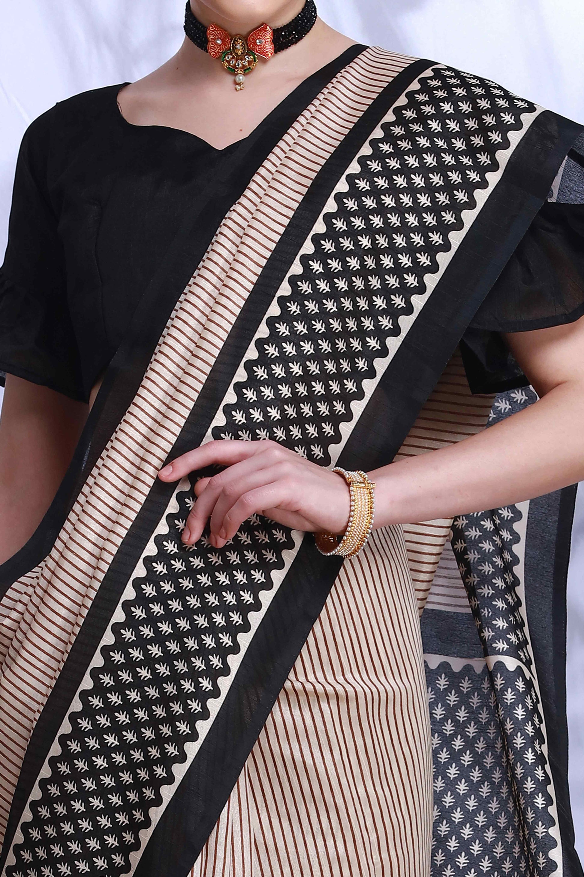 Cream & Black Printed Bhagalpuri Silk Saree