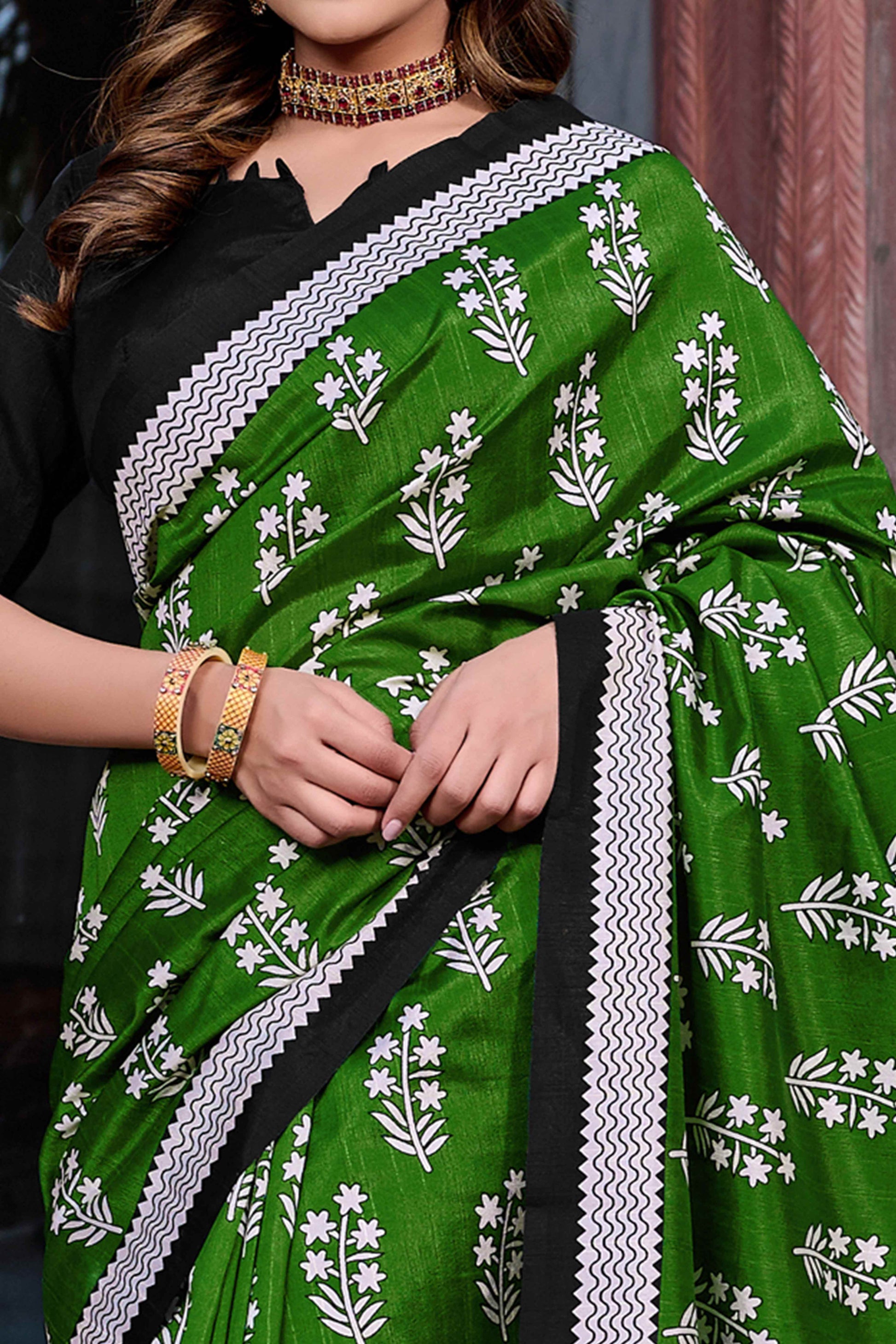 green-black-printed-bhagalpuri-silk-saree
