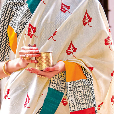 Cream Printed Bhagalpuri Silk Saree