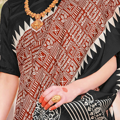 Dark Rust & Black Printed Bhagalpuri Silk Saree