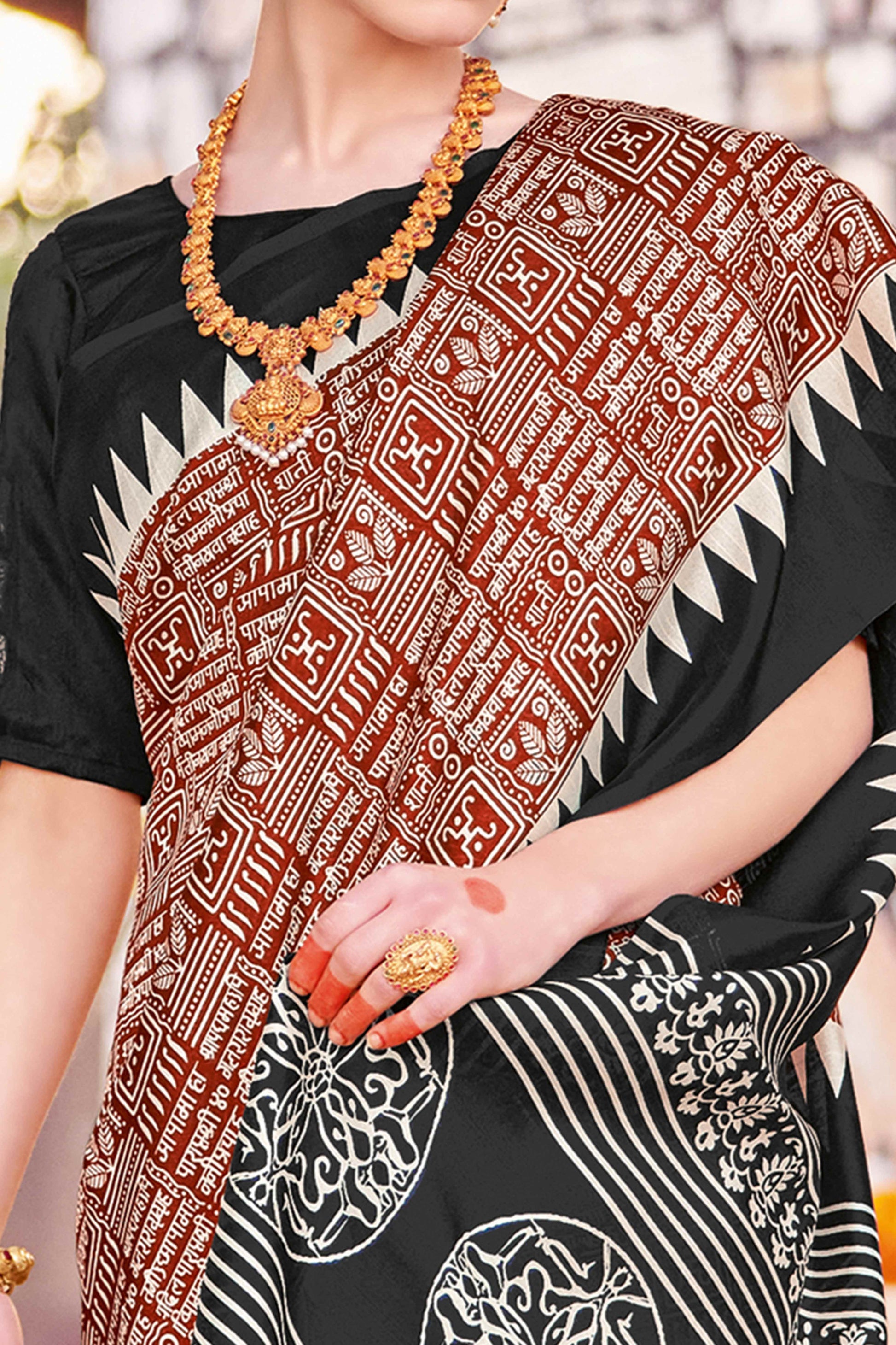 Dark Rust & Black Printed Bhagalpuri Silk Saree