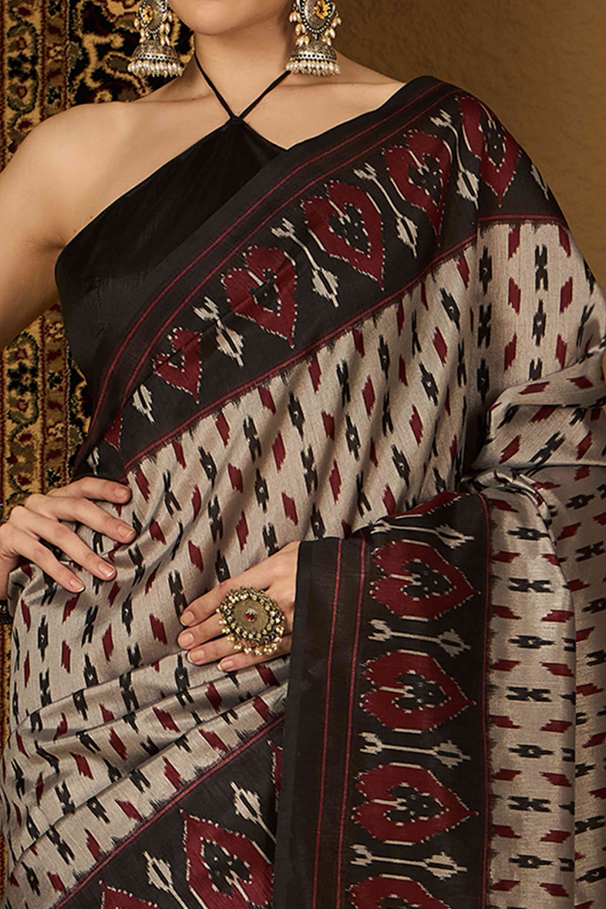Grey Printed Bhagalpuri Silk Saree