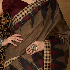 Brown Checks Printed Bhagalpuri Silk Saree