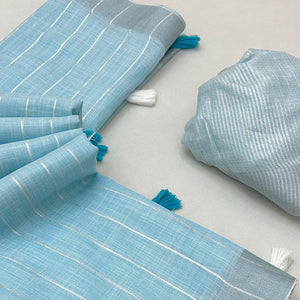 Blue Zari Woven Linen Saree With Tassels