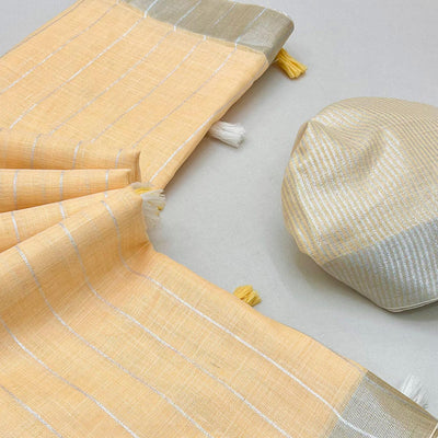 Light Orange Zari Woven Linen Saree With Tassels