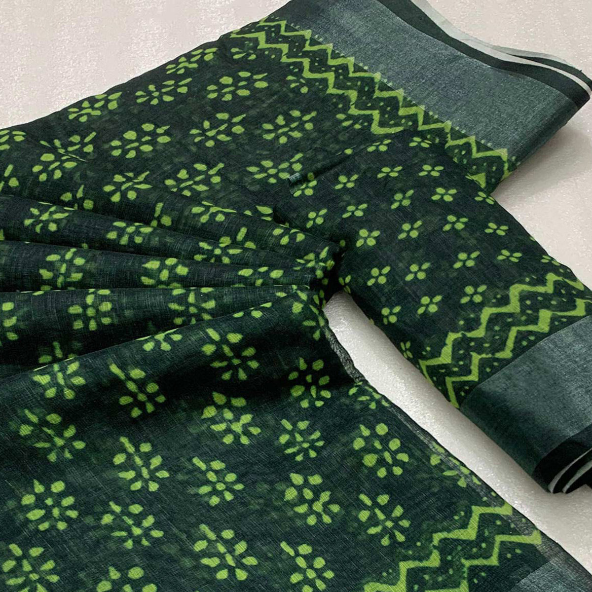 green-floral-digital-printed-linen-saree-1