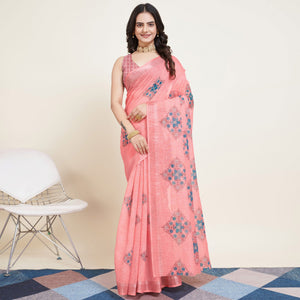 Peach Floral Printed Linen Saree