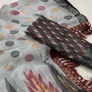 Grey Woven Art Silk Saree With Tassels