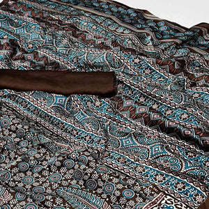 Brown & Blue Ajrakh Printed Satin Saree