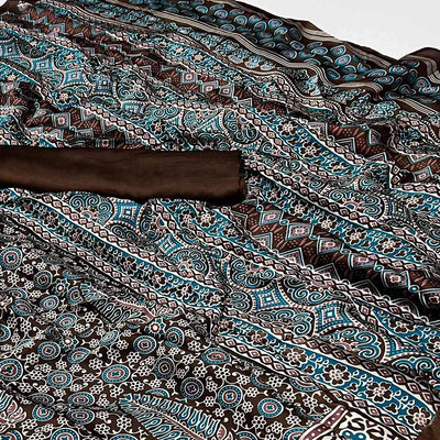 Brown & Blue Ajrakh Printed Satin Saree