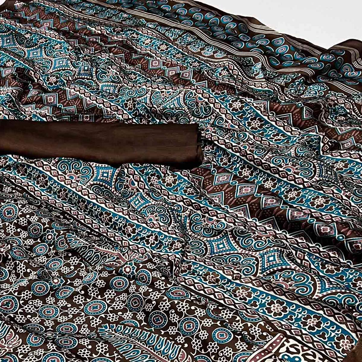 Brown & Blue Ajrakh Printed Satin Saree
