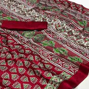 Dark Maroon Ajrakh Printed Satin Saree