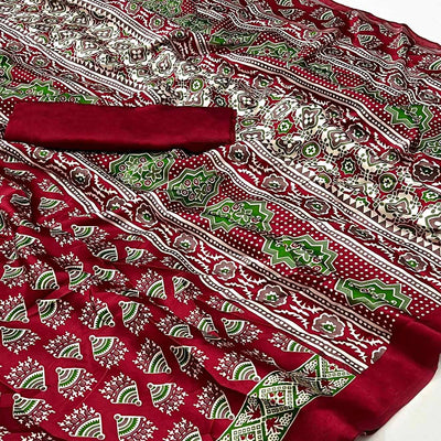 Dark Maroon Ajrakh Printed Satin Saree
