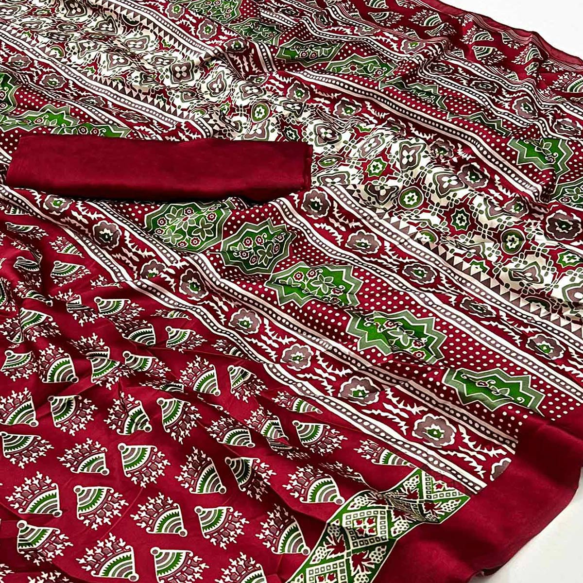 Dark Maroon Ajrakh Printed Satin Saree