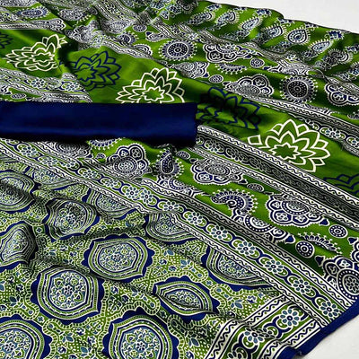 green-ajrakh-printed-satin-saree