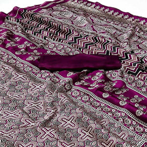 Magenta Ajrakh Printed Satin Saree