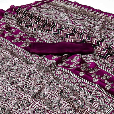 Magenta Ajrakh Printed Satin Saree