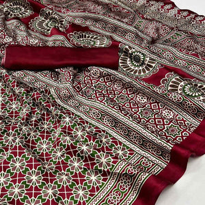 Maroon Ajrakh Printed Satin Saree