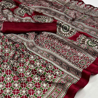 Maroon Ajrakh Printed Satin Saree