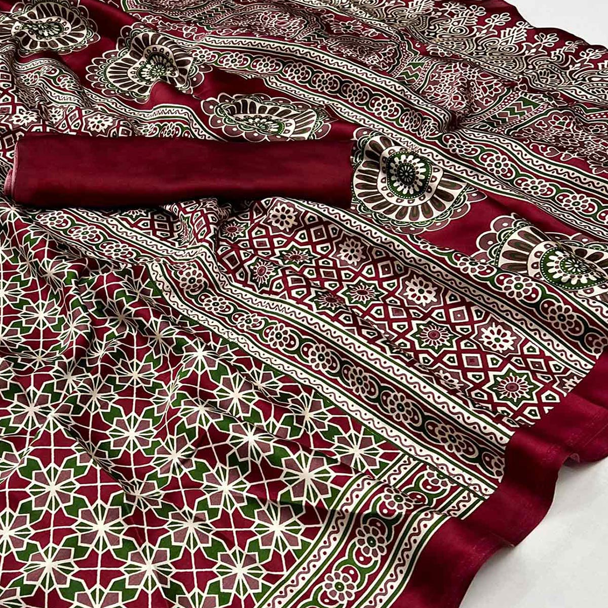 Maroon Ajrakh Printed Satin Saree