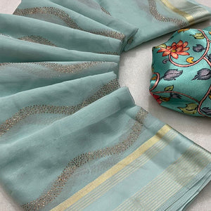 Light Sea Green Foil Printed Chiffon Saree