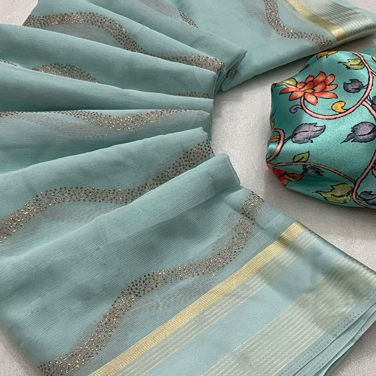 Light Sea Green Foil Printed Chiffon Saree