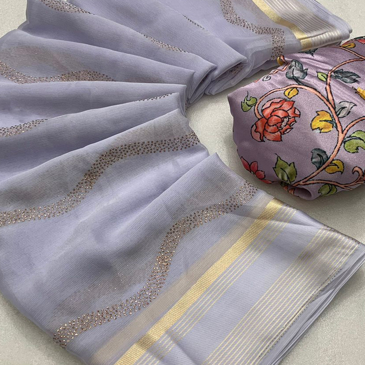 Light Violet Foil Printed Chiffon Saree